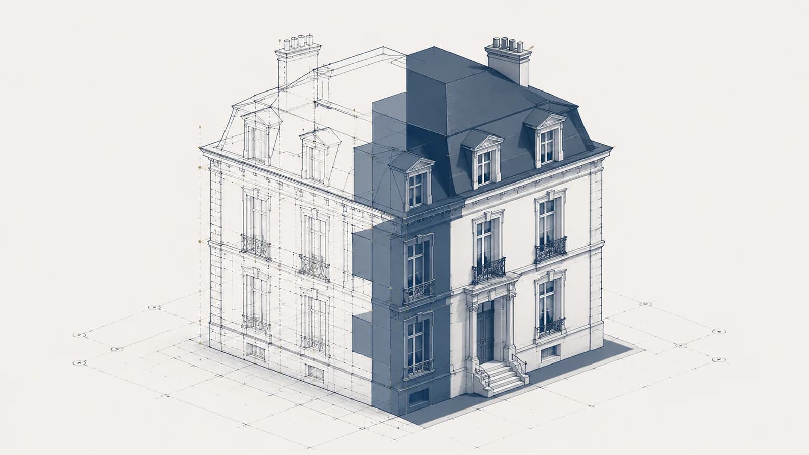 Deux formes architecturales imbriquees l'une evidee l'autre pleine, demembrement usufruit et nue-propriete
