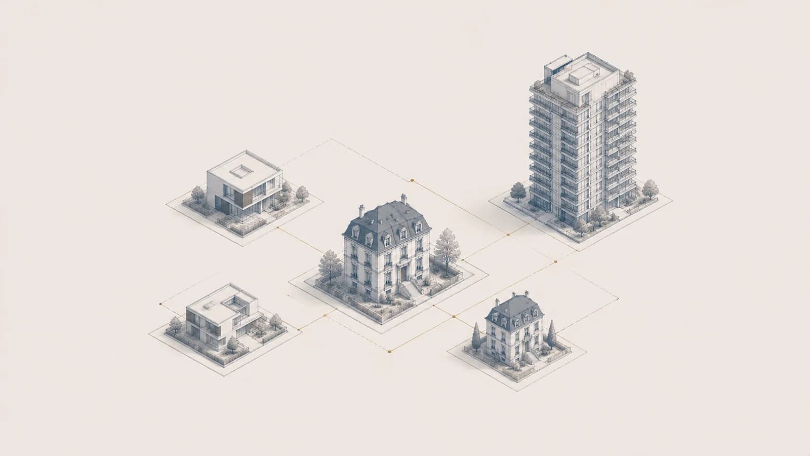 Composition axonometrique de plusieurs formes architecturales reliees, patrimoine immobilier soumis a l'IFI