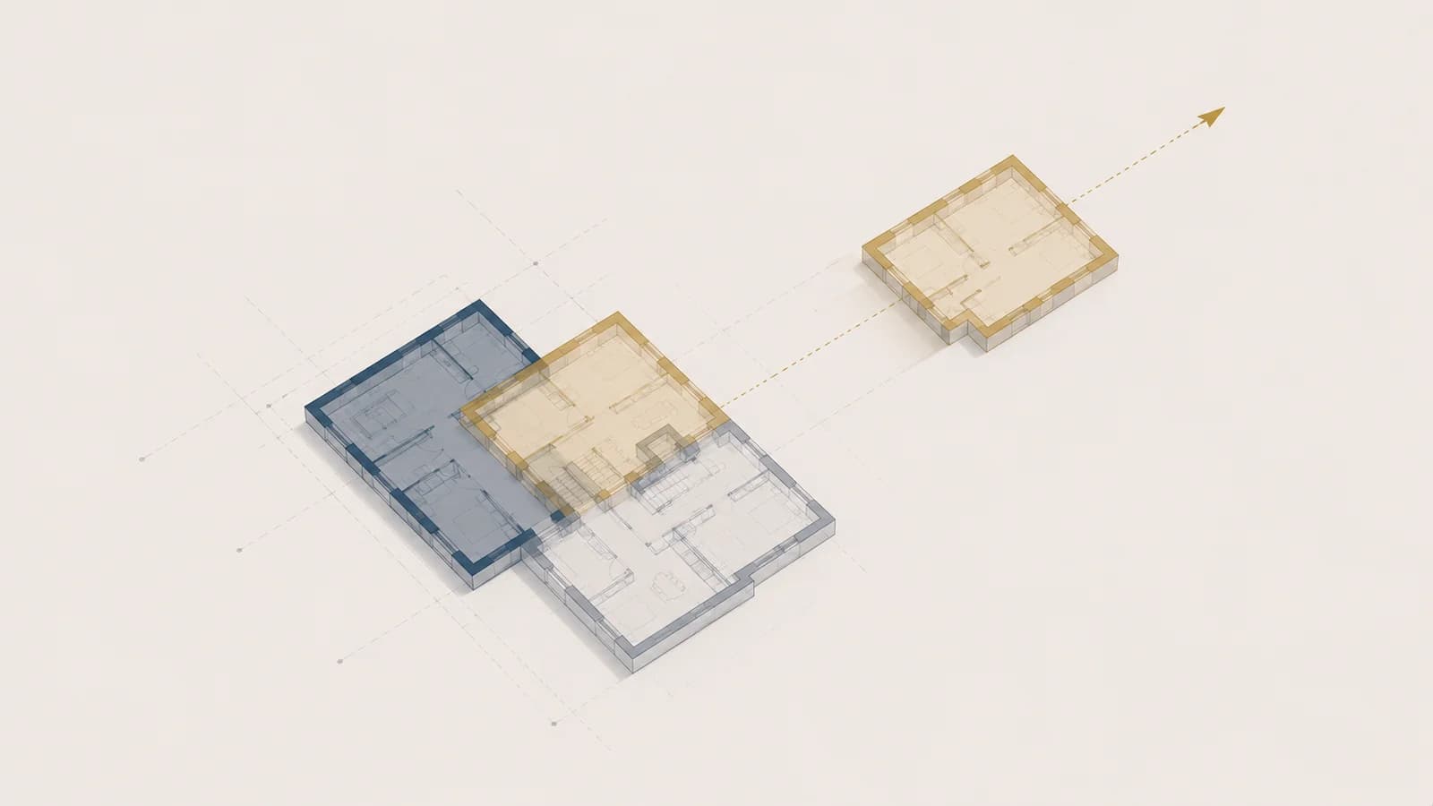 Trois formes architecturales avec l'une se detachant en diagonale vers l'exterieur, sortie d'indivision immobiliere