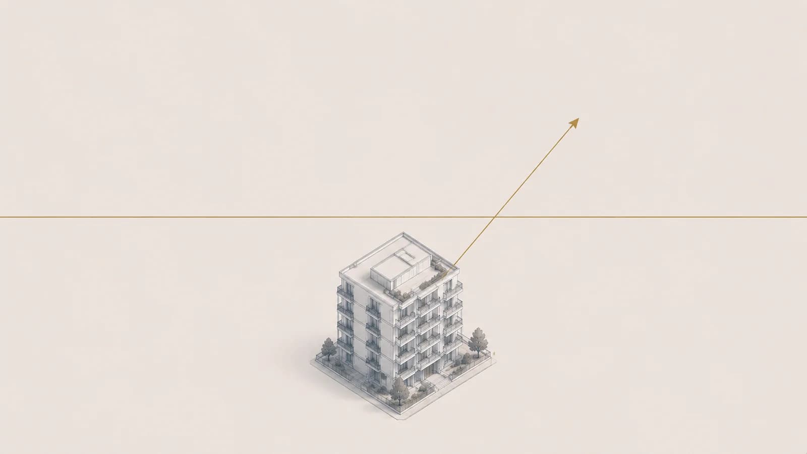Batiment sous une ligne horizontale de reference avec fleche diagonale ascendante, analyse d'opportunite d'achat immobilier
