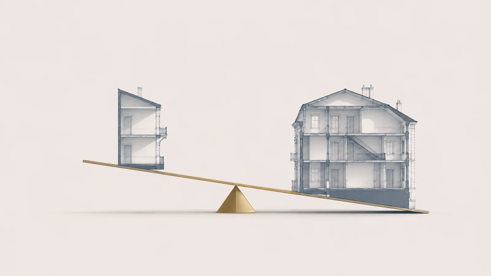 Deux moities de batiment de masses inegales en equilibre asymetrique sur un pivot geometrique, calcul de soulte en divorce