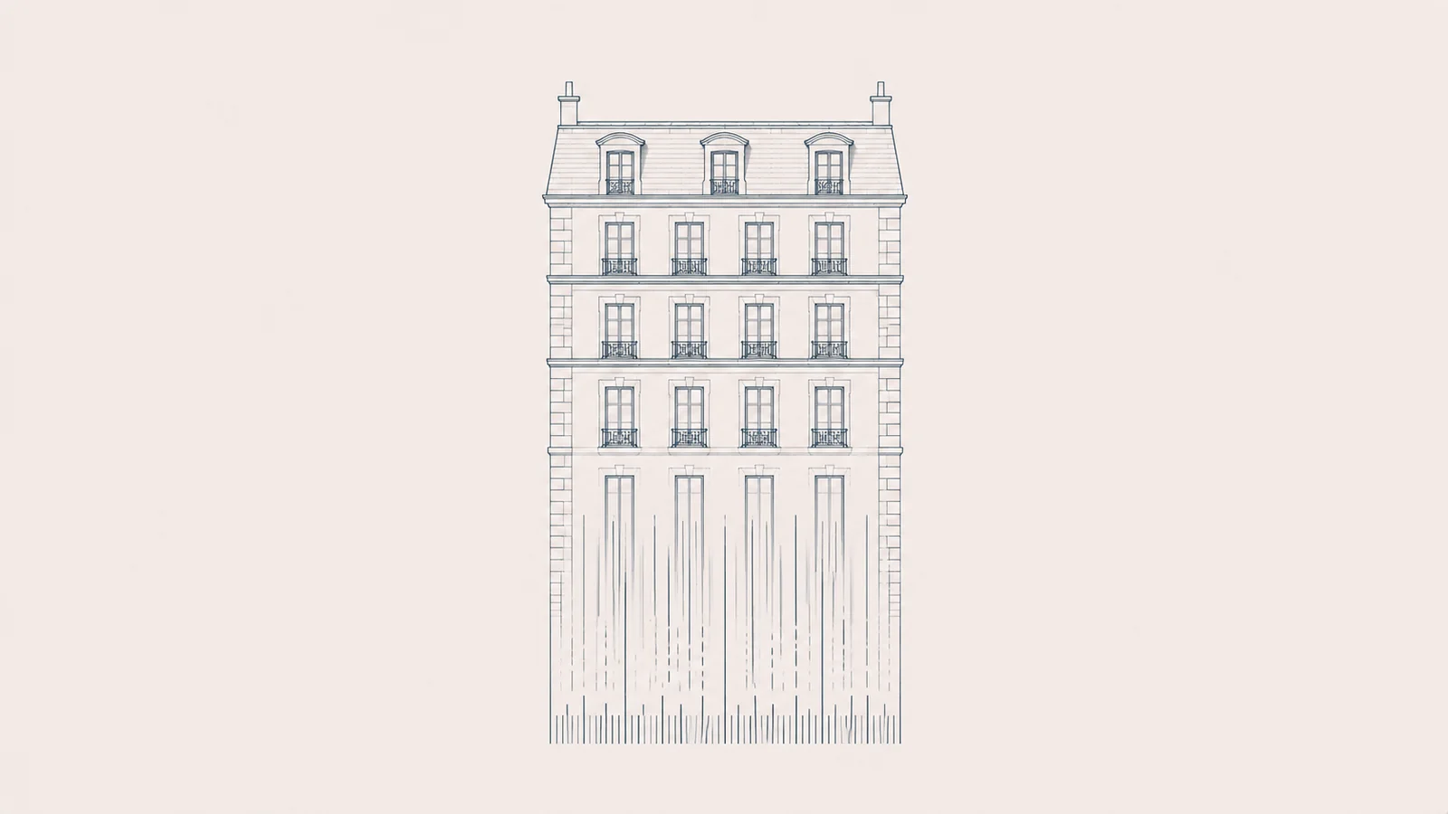 Batiment se dissolvant a sa base en marques de mesure verticales comme une regle graduee, valeur venale immobiliere