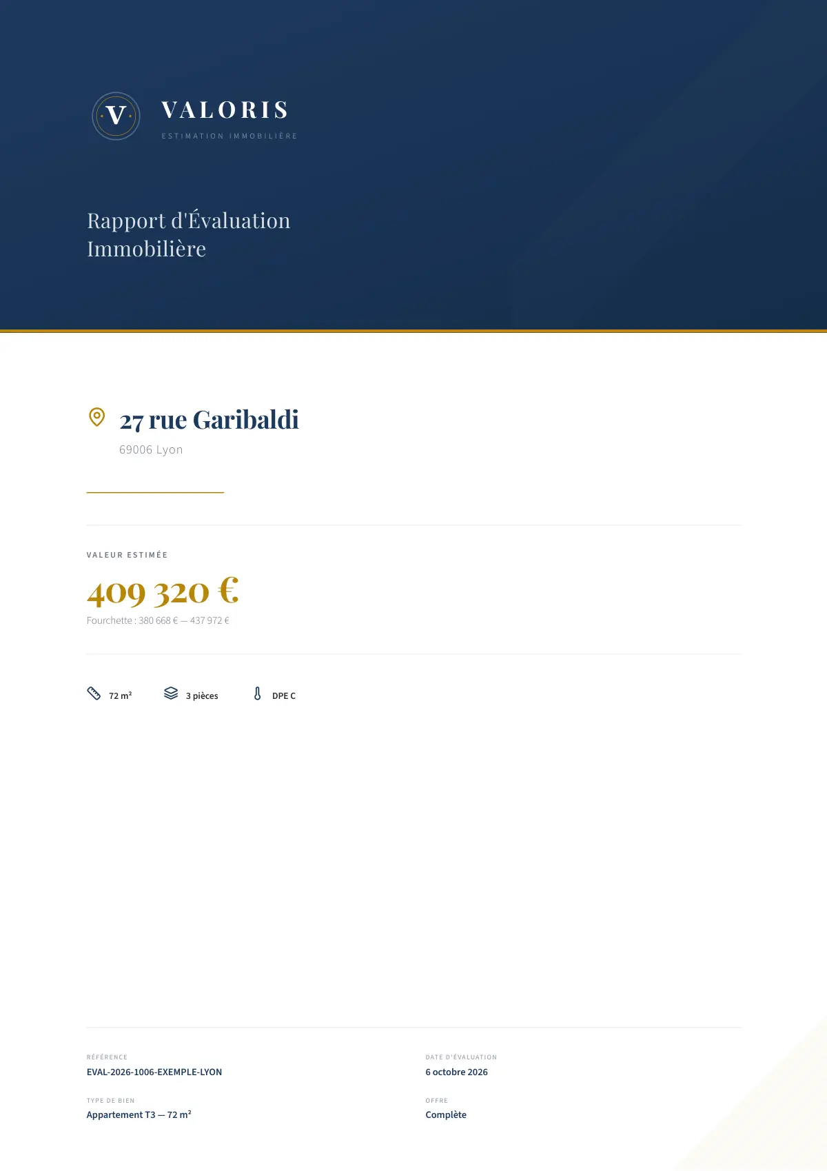 Exemple de rapport d'estimation — Page de garde