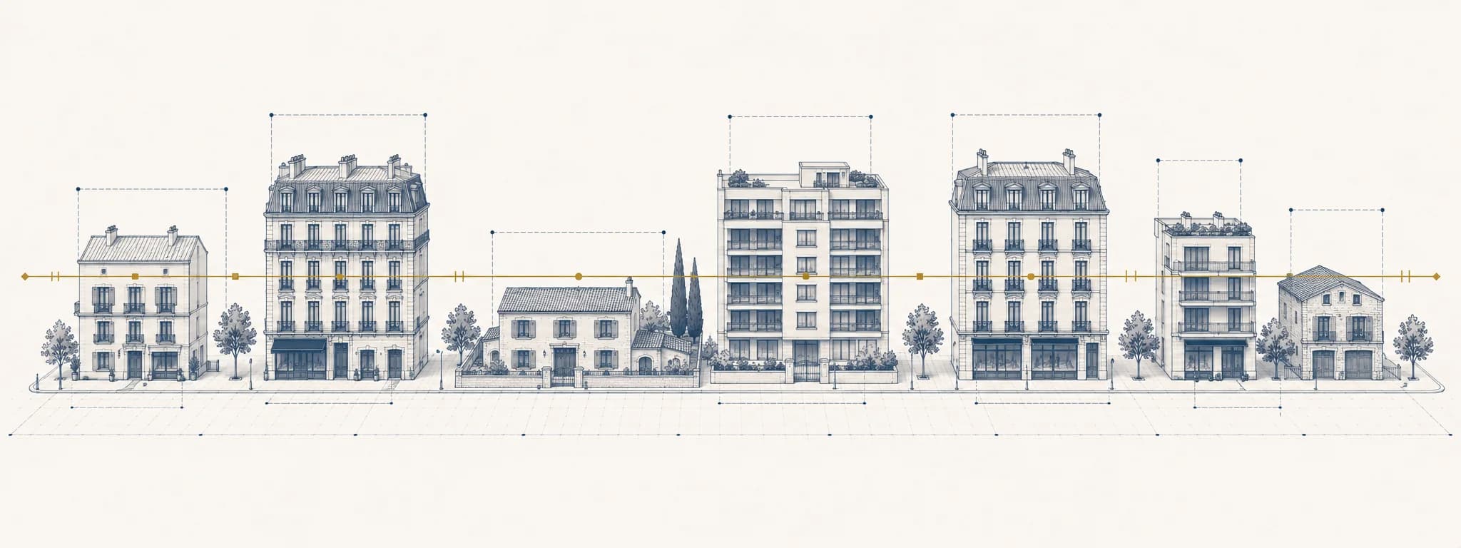Frise axonométrique d'un boulevard français reliant différents types de bâtiments par un axe doré symbolisant la donnée transversale