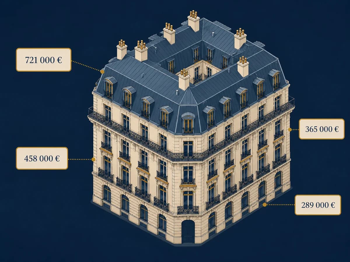 Illustration isométrique d'un immeuble haussmannien parisien avec étiquettes flottantes de valeurs vénales et références DVF, symbolisant l'expertise documentée de la valeur de marché immobilière