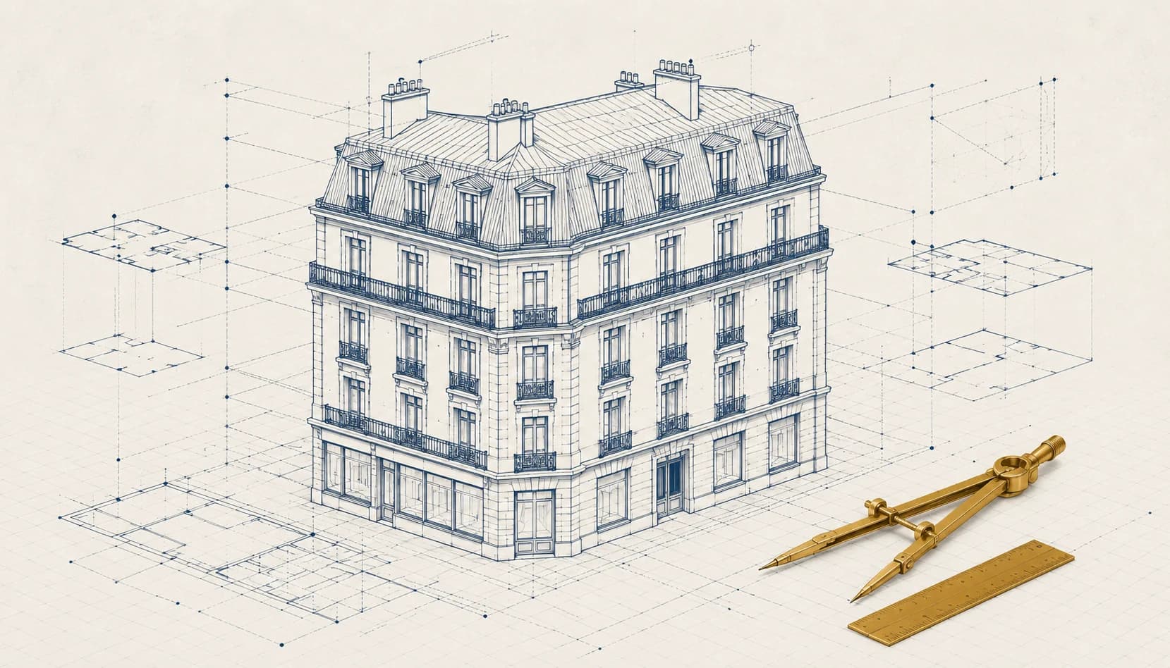 Cinq immeubles haussmanniens de hauteurs progressives illustrant le processus d'estimation pour une succession