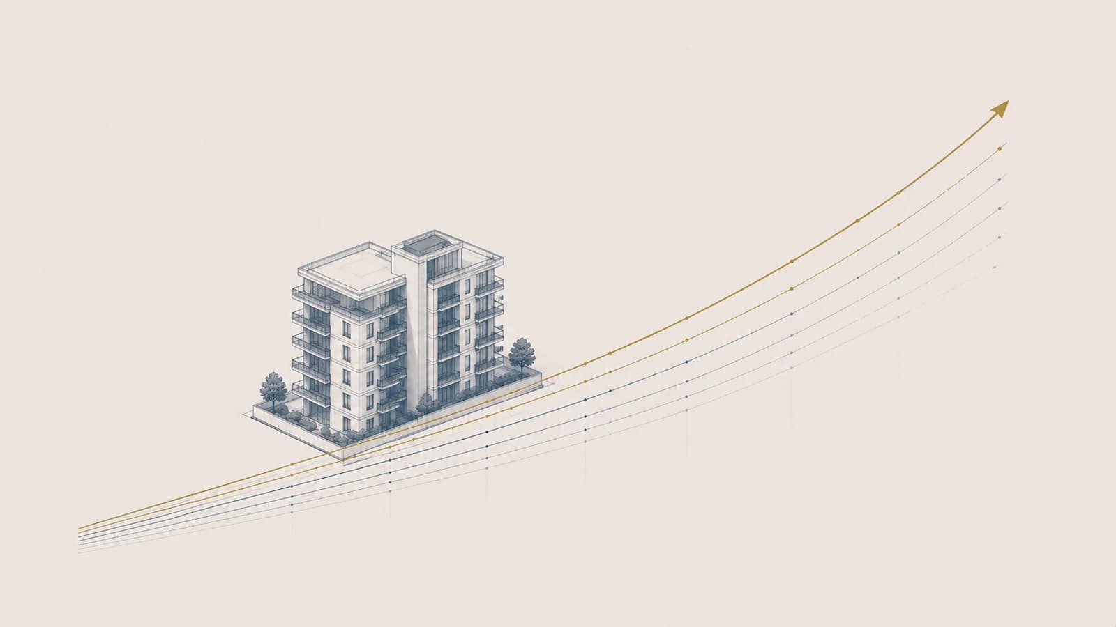 Batiment traverse par des lignes paralleles ascendantes formant une courbe de rendement, criteres de rentabilite locative