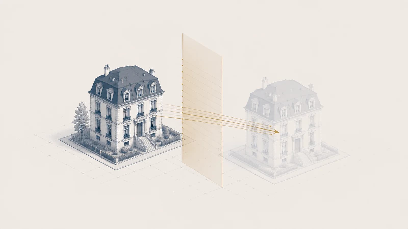 Forme architecturale abstraite traversant un seuil vertical translucide, transmission immobiliere par donation