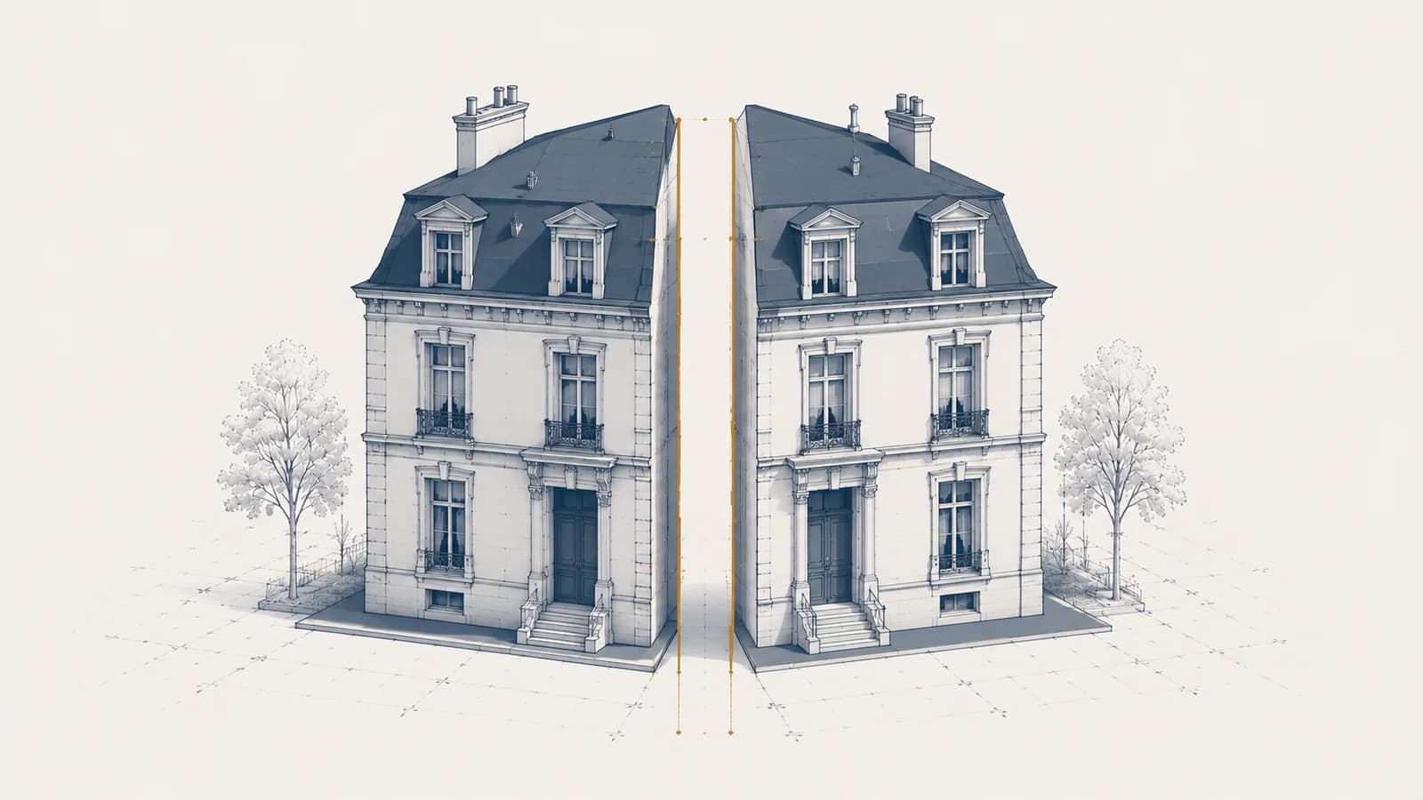 Batiment scinde verticalement avec un fin trait gold marquant la separation, estimation immobiliere en divorce