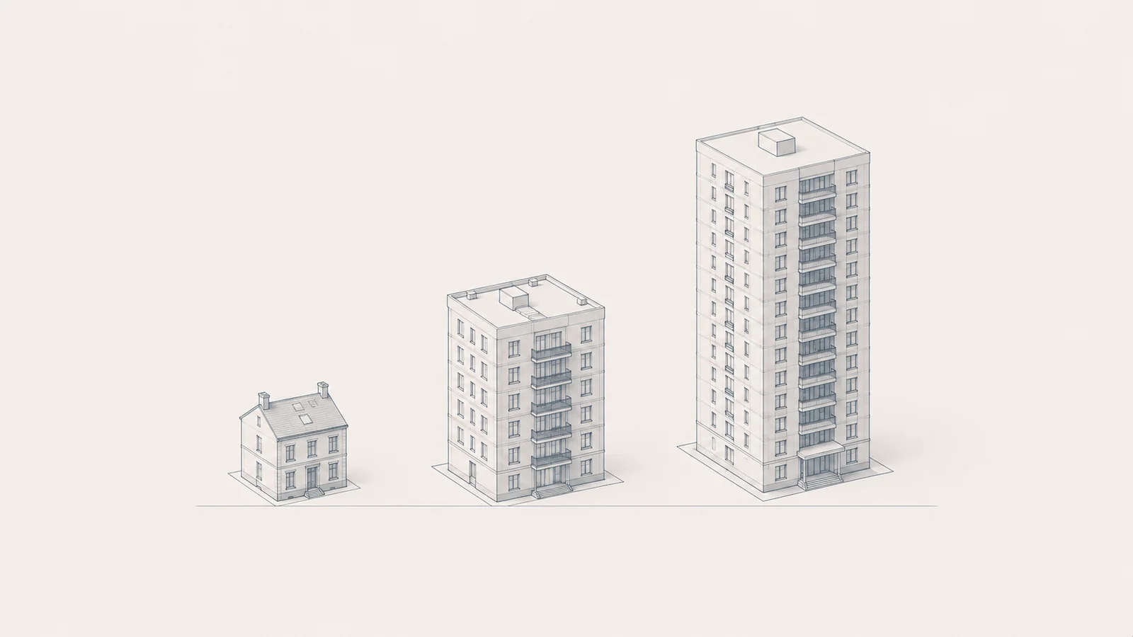 Trois batiments paralleles de hauteurs et proportions differentes alignes pour comparaison, estimation immobiliere en ligne