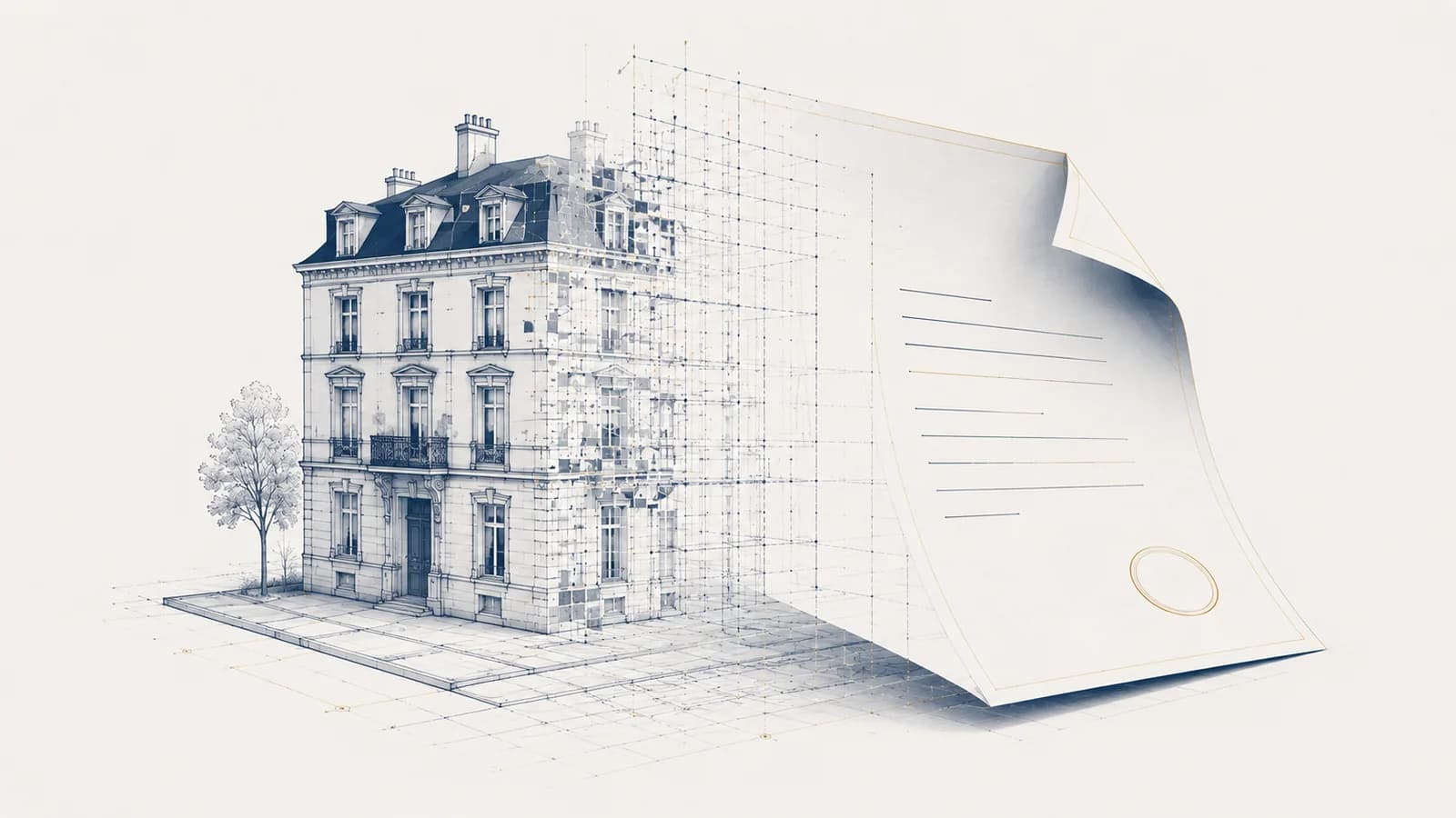Batiment haussmannien se transformant en document notarial replie, estimation immobiliere pour succession