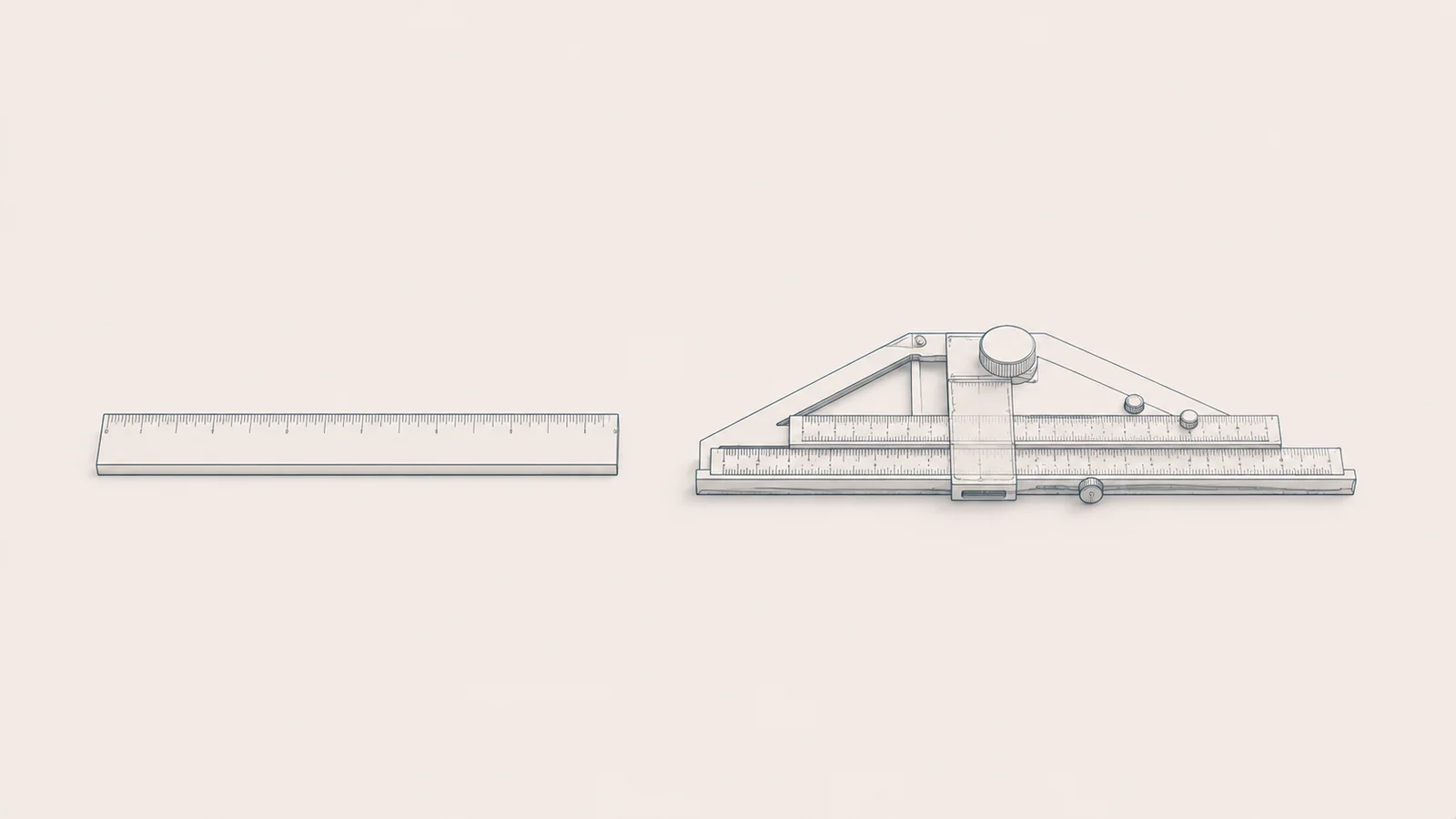 Deux instruments de mesure architecturaux cote a cote, l'un simple l'autre detaille, estimation versus expertise immobiliere