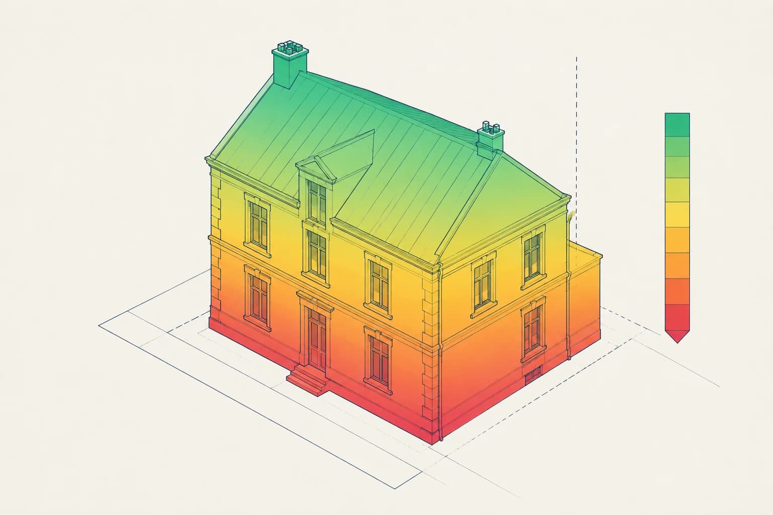 Gradient thermique sur silhouette de maison cadastrale, impact du DPE sur le prix d'une maison en France 2026