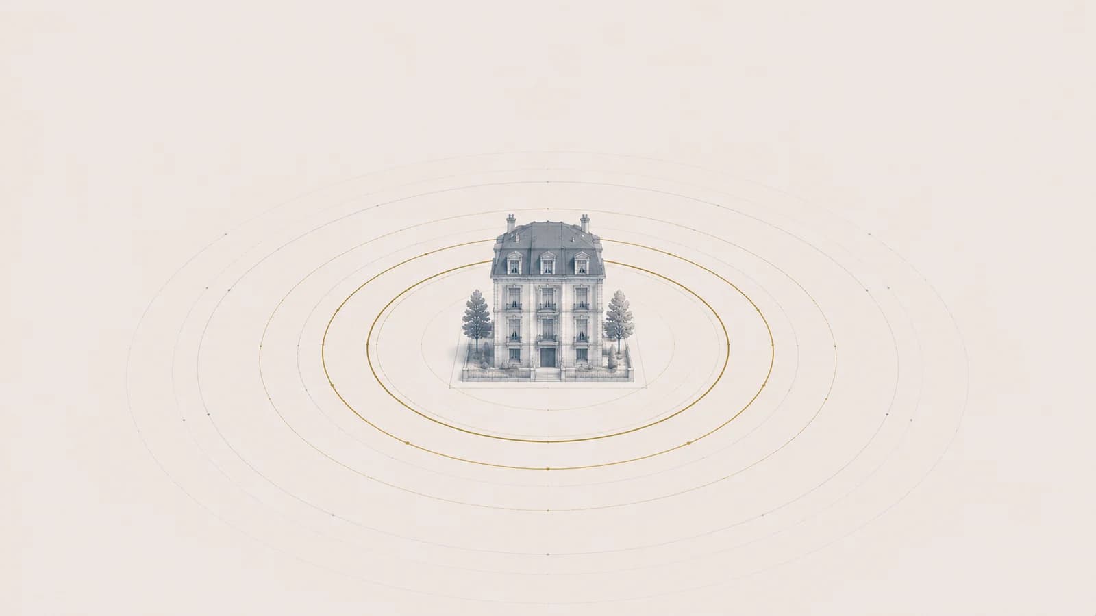 Batiment central entoure de couches d'arcs concentriques, rendement d'investissement locatif