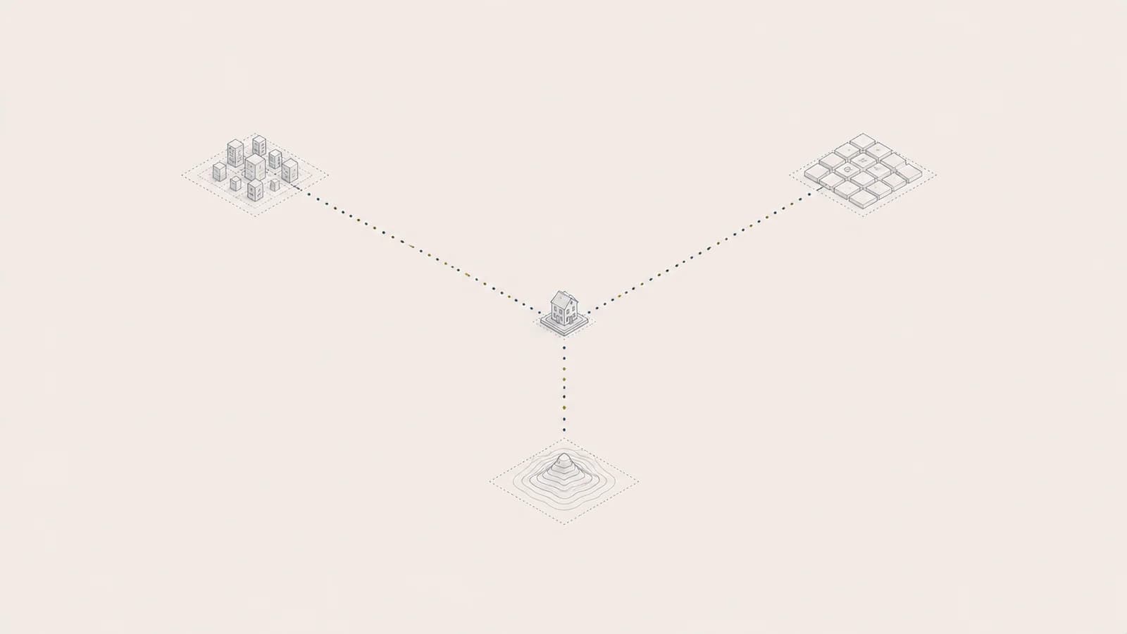 Trois trajectoires lineaires convergentes vers un point architectural central, methodes d'estimation immobiliere