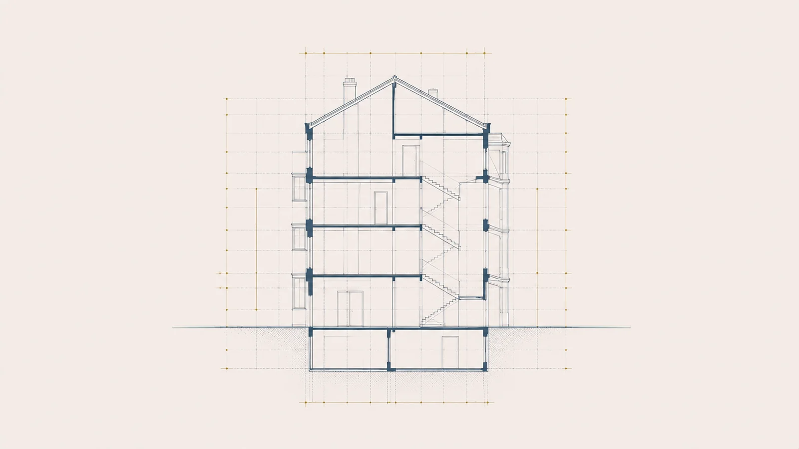 Coupe transversale de batiment avec grille de mesure fine en surimpression, calcul du prix au metre carre