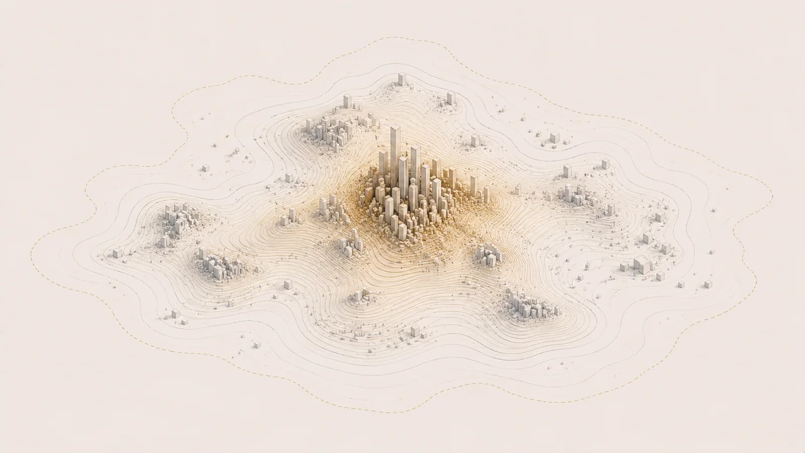 Carte topographique stylisee avec densites variables de batiments, zones de tension locative en France