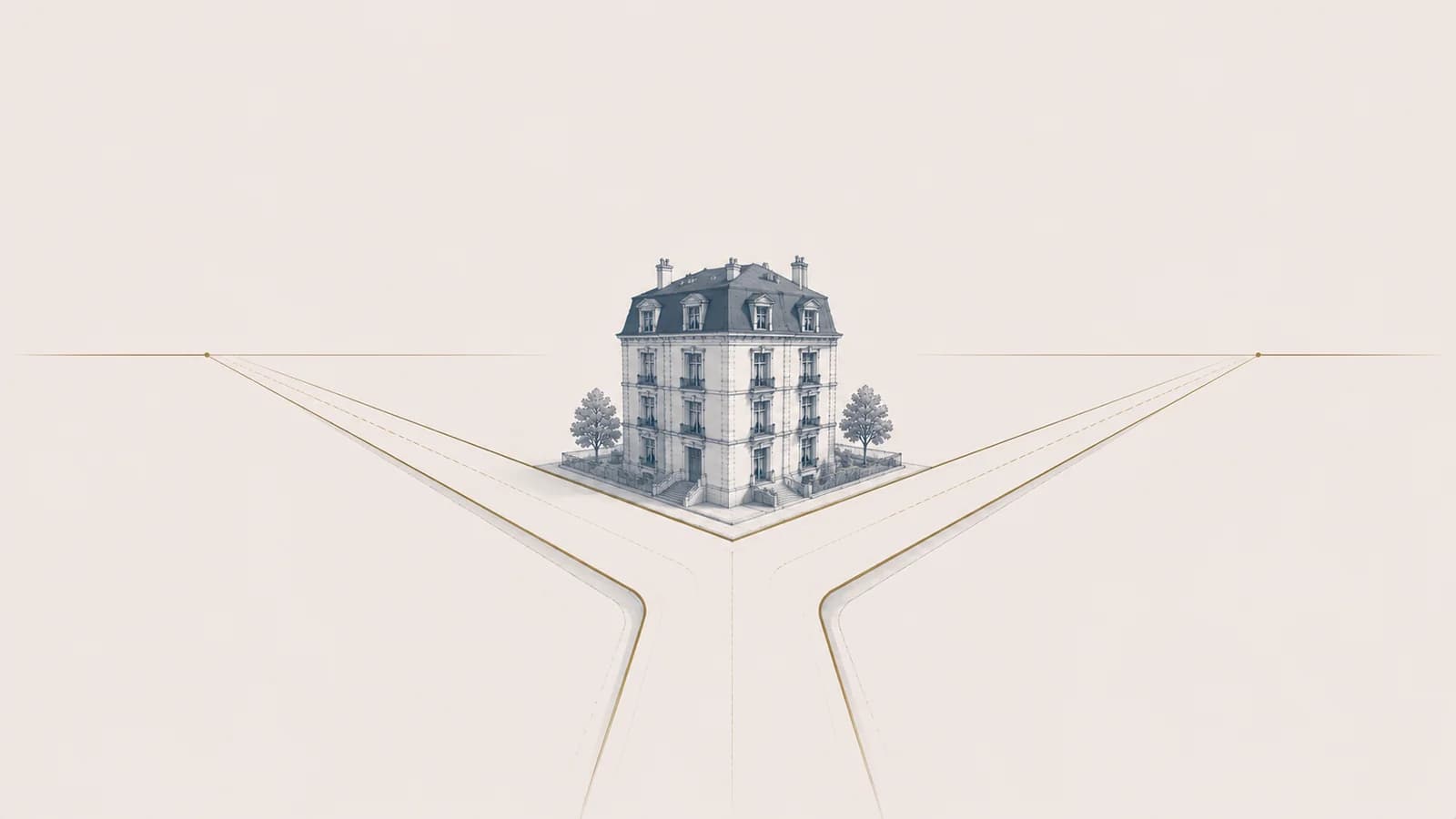 Deux chemins paralleles divergents depuis une forme architecturale unique, vente immobiliere apres divorce