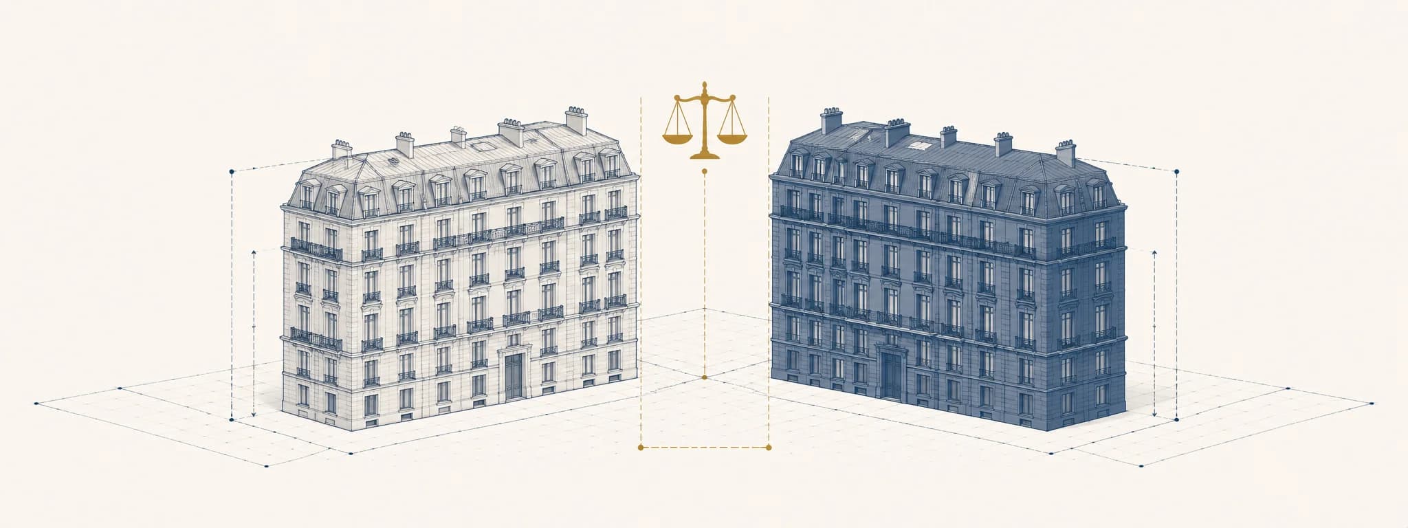 Immeuble parisien divise symboliquement en deux ensembles miroir avec une balance pour evoquer le partage equitable