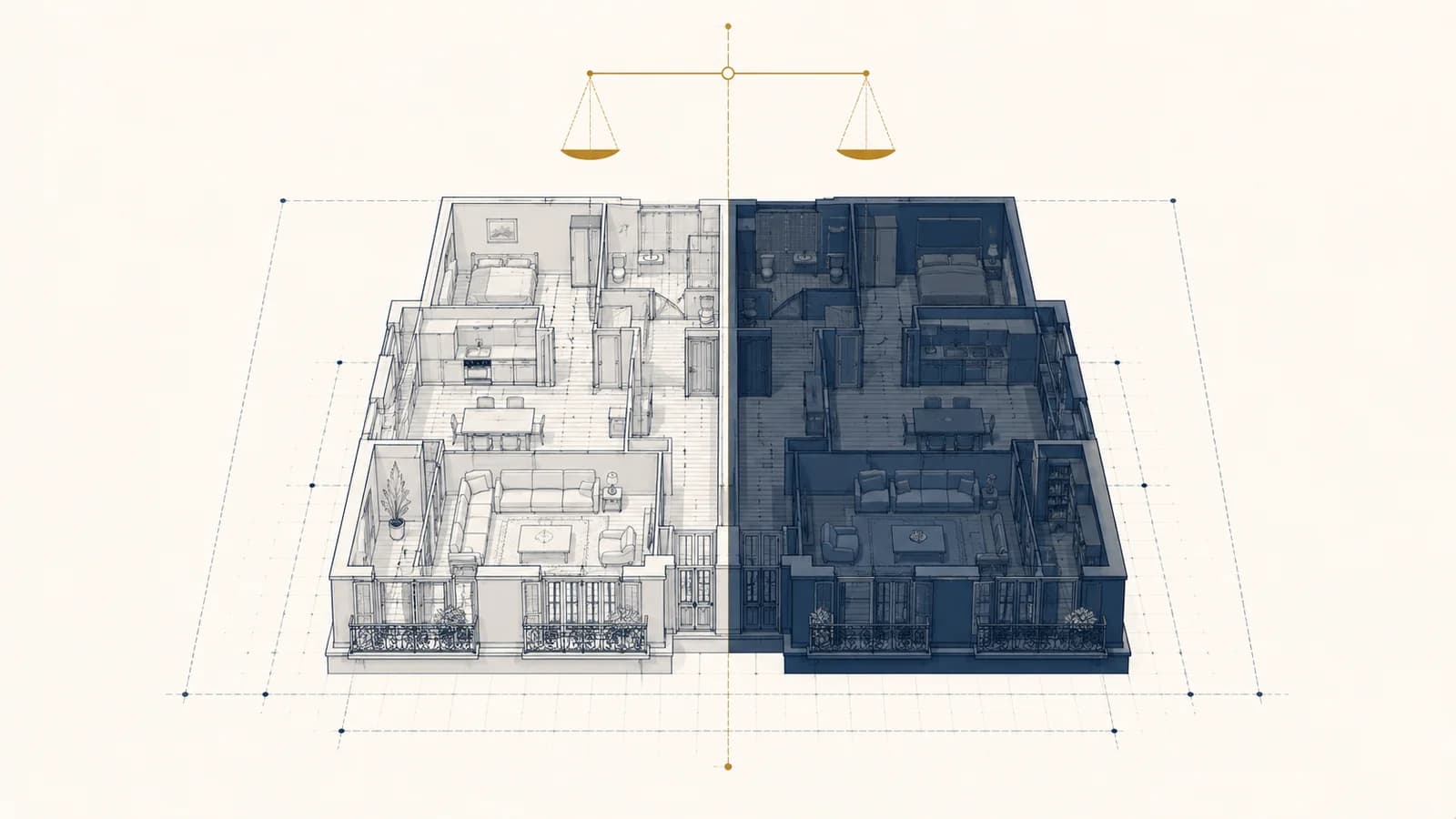 Schema isometrique d'un appartement divise en deux parts egales symbolisant le partage des biens