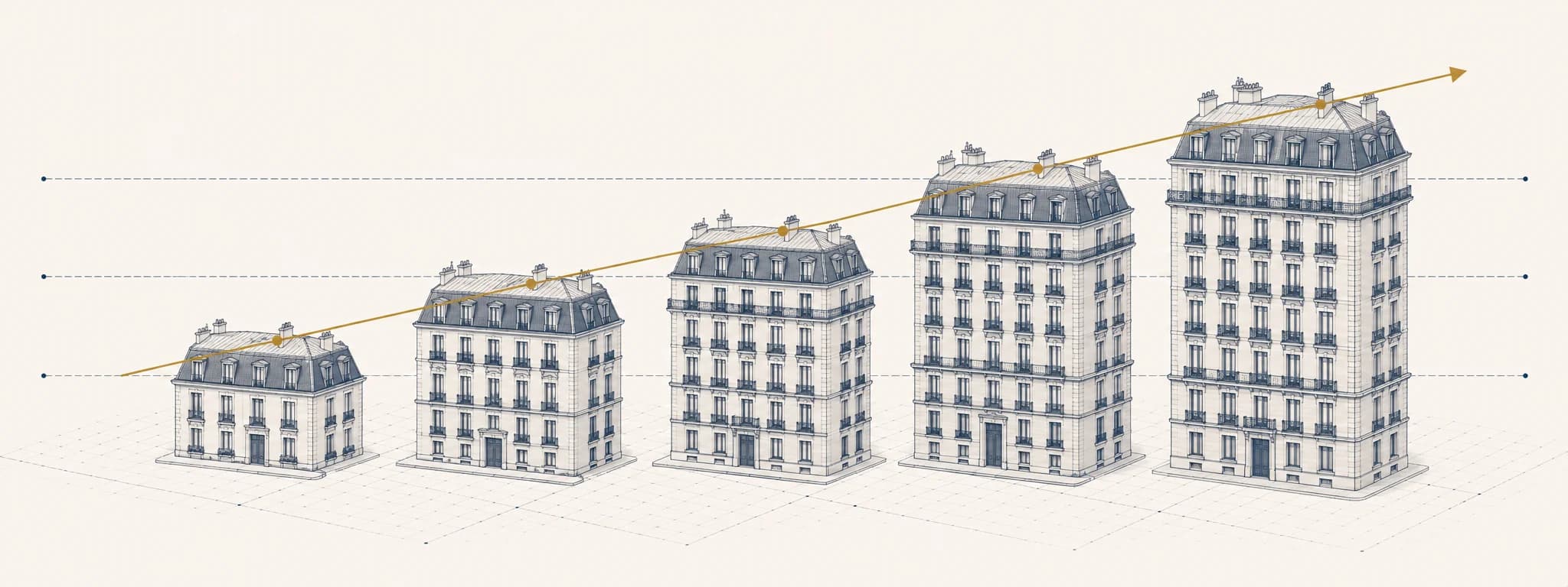 Frise de cinq immeubles haussmanniens avec une courbe doree symbolisant la progressivite des tranches d'IFI