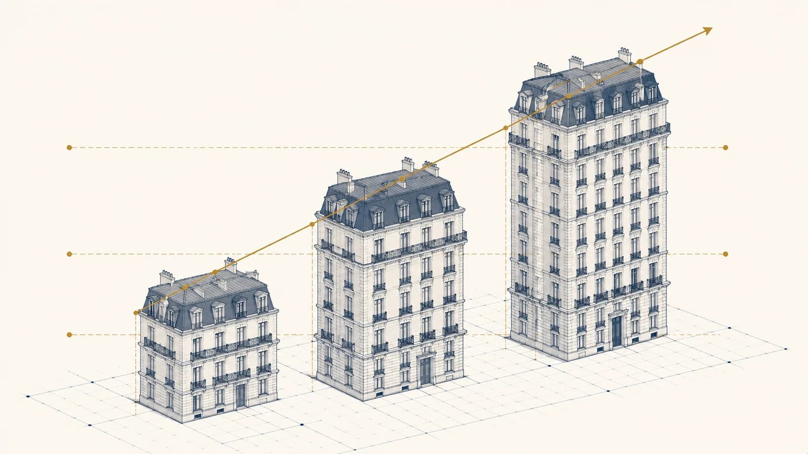 Trois immeubles haussmanniens de hauteurs progressives illustrant le bareme progressif de l'IFI