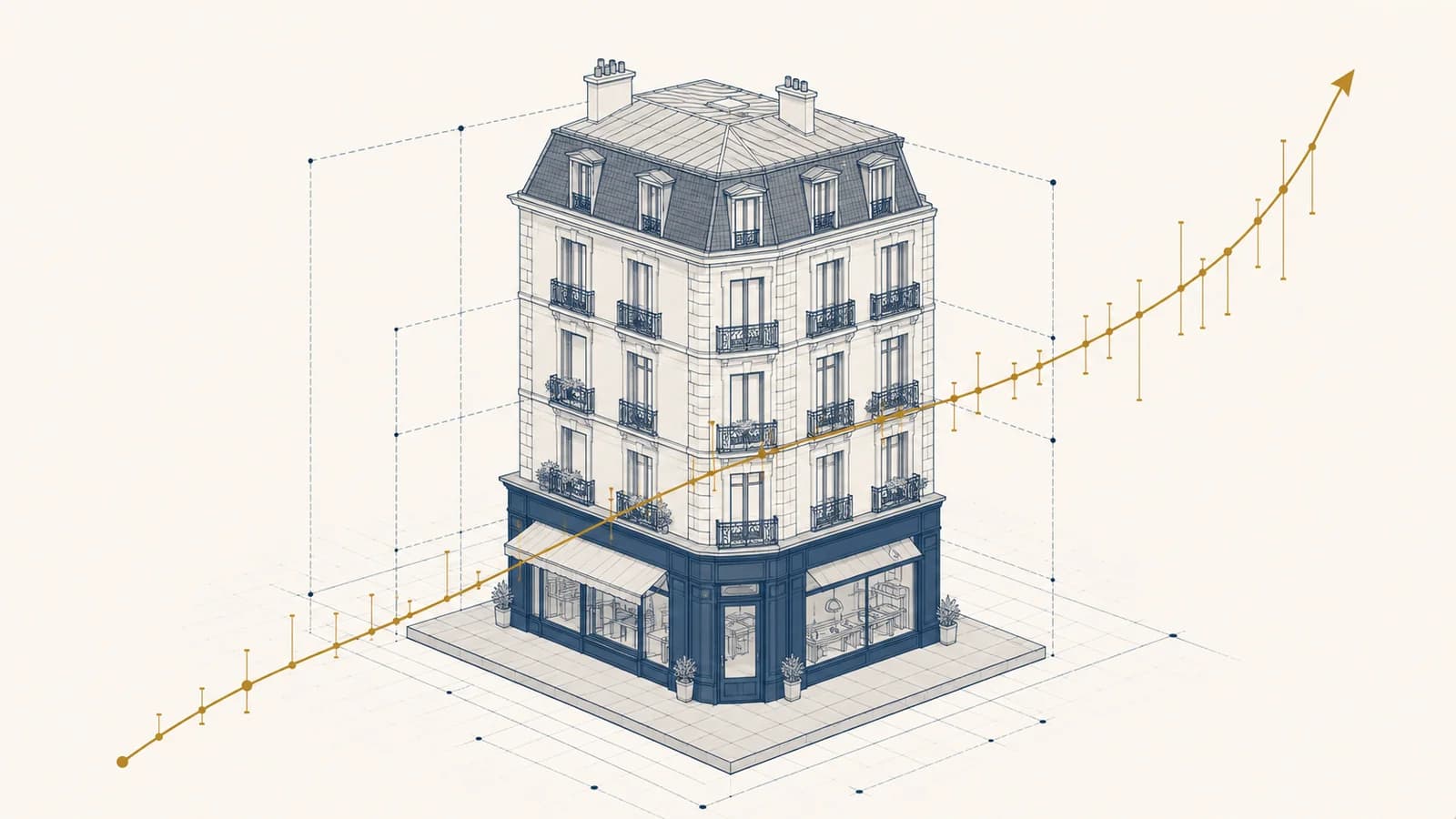 Schema isometrique d'un immeuble mixte avec une courbe doree symbolisant le rendement locatif et la valorisation
