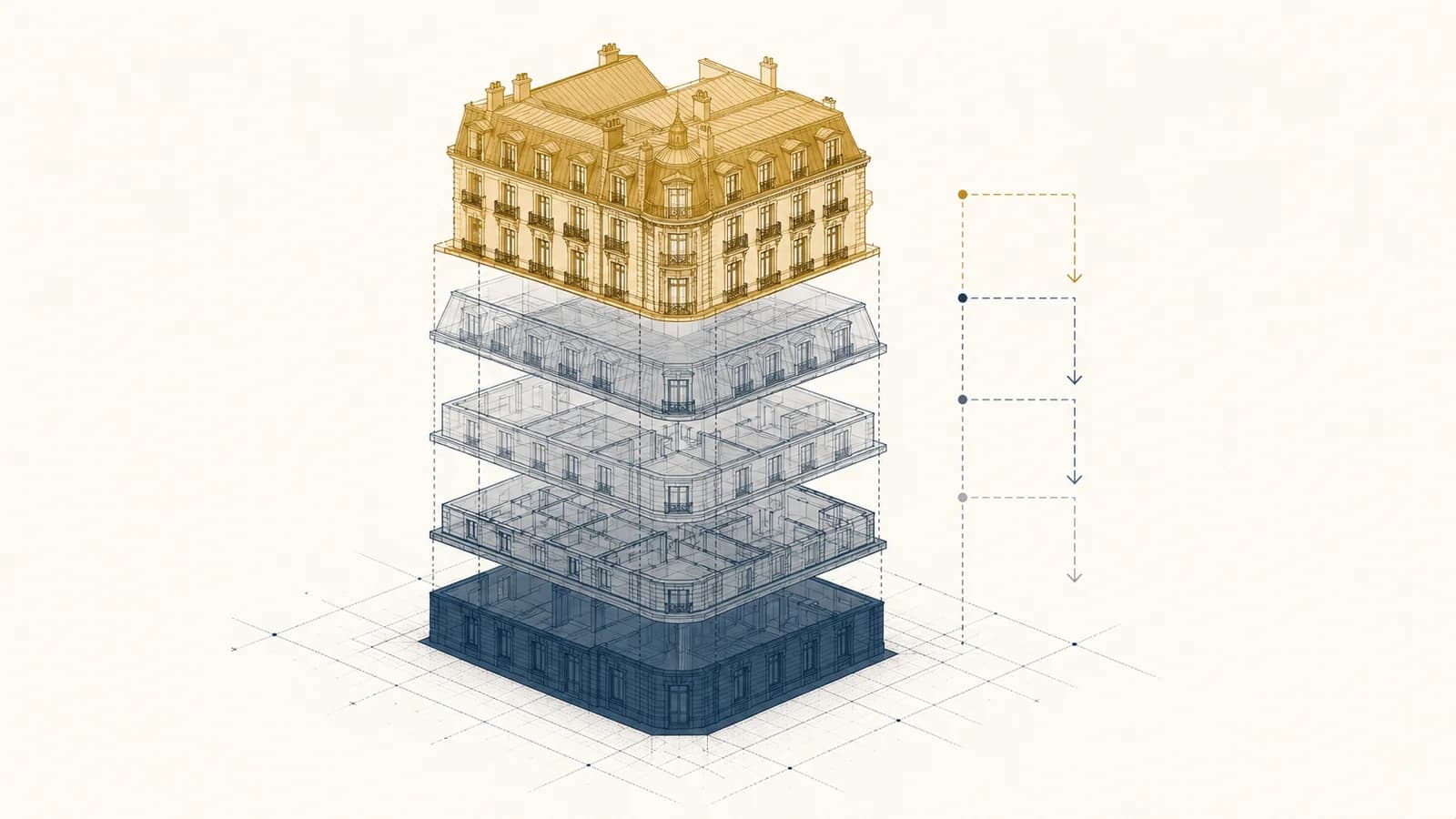 Schema architectural exploded view representant la transmission successorale d'un bien immobilier