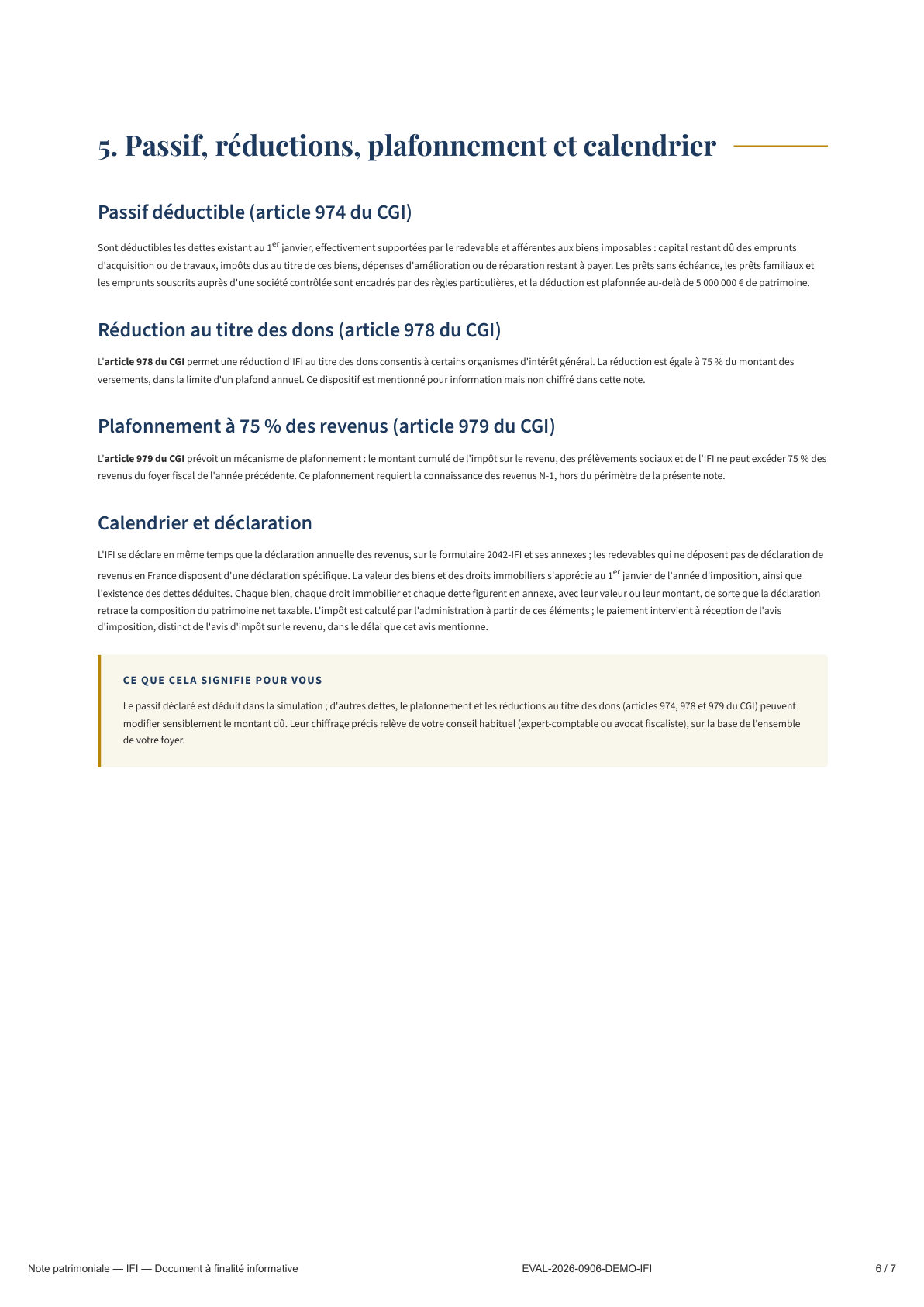 Page 6 — Passif, réductions, plafonnement et calendrier